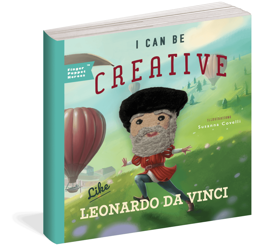 The cover of the board book I Can Be Creative Like Leonardo da Vinci, with puppet.