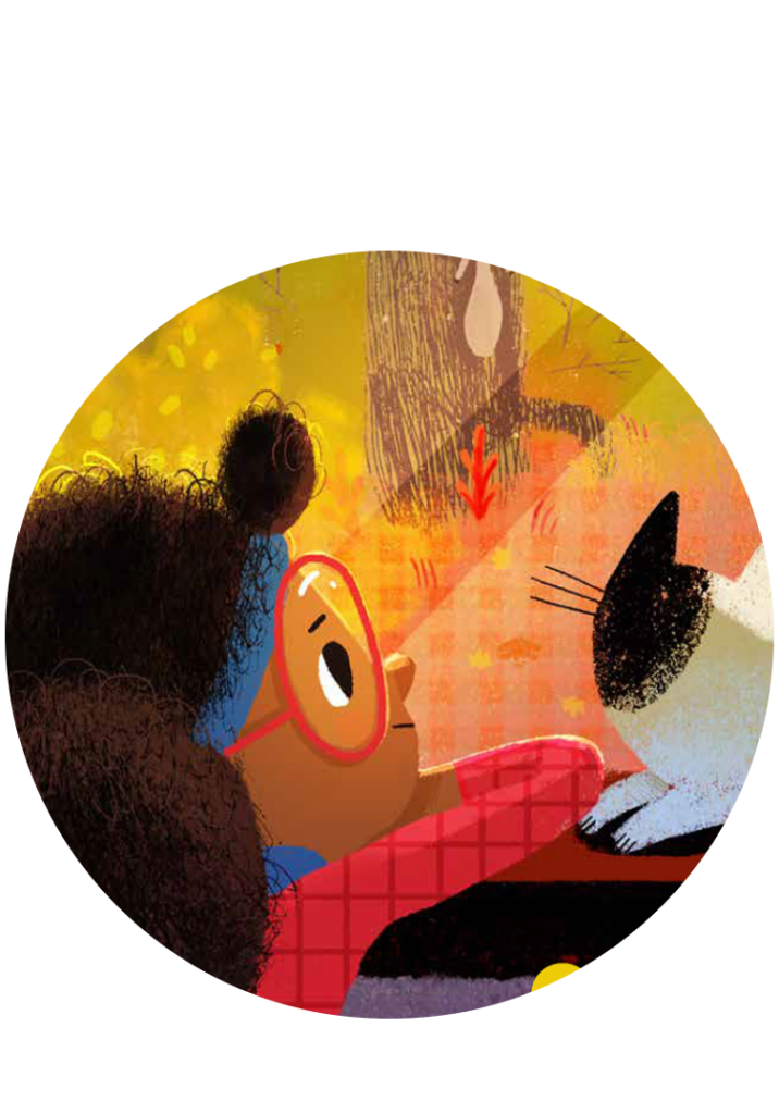 An illustration of a girl and a cat looking out a window at falling leaves
