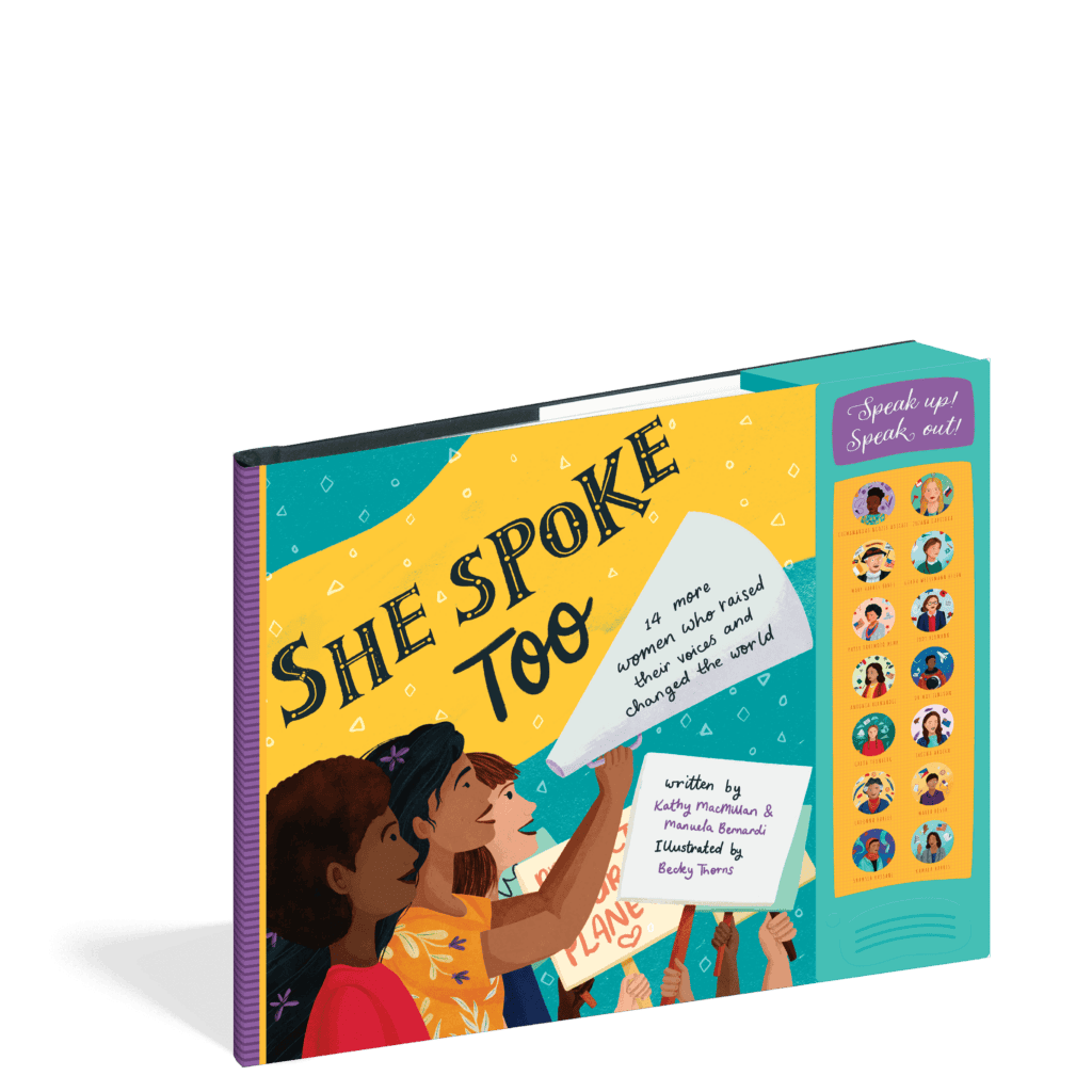 The cover of the soundboard picture book She Spoke Too.