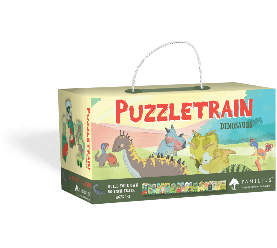 The box holding the puzzle pieces of Puzzletrain: Dinosaurs.