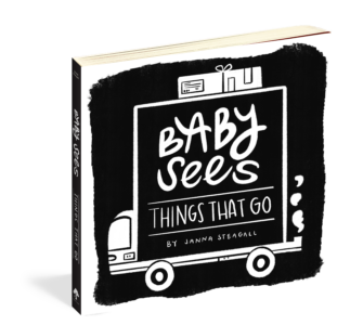 The cover of the high-contrast board book Baby Sees Things That Go.
