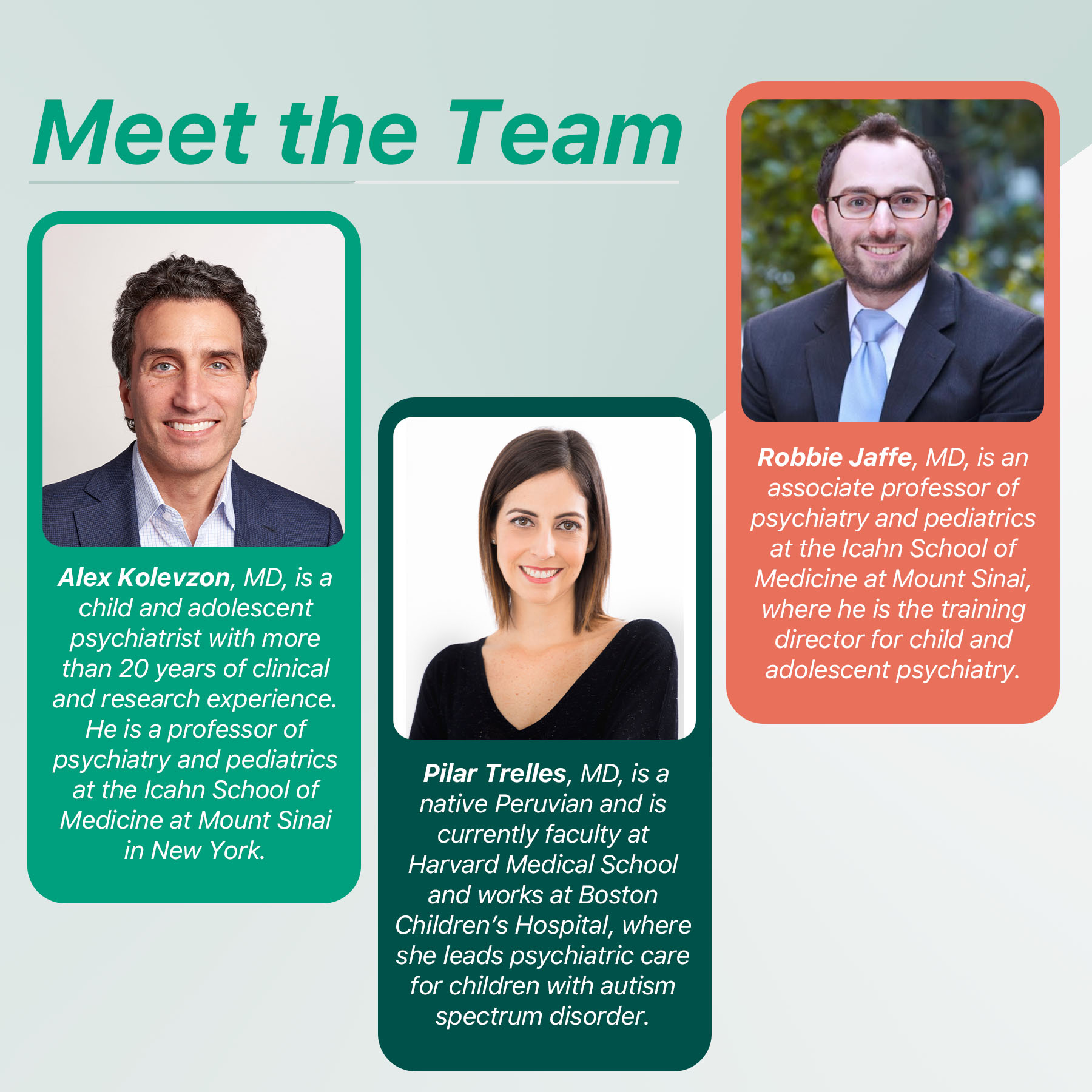 Meet the Team: Alex Kolevzon, MD; Pilar Trelles, MD; Robbie Jaffe, MD.