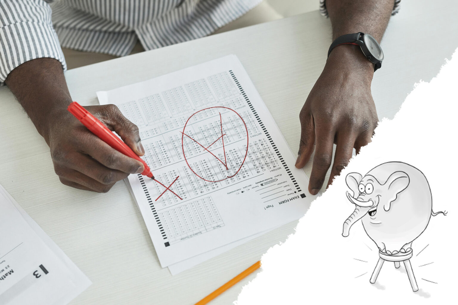 A person grading a test paper and a cartoon of a baby elephant on a three-legged stool.