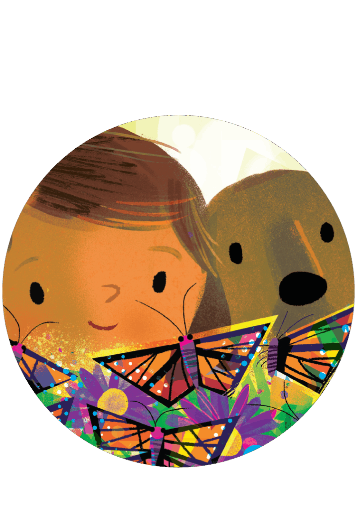 A girl and a dog looking at butterflies.