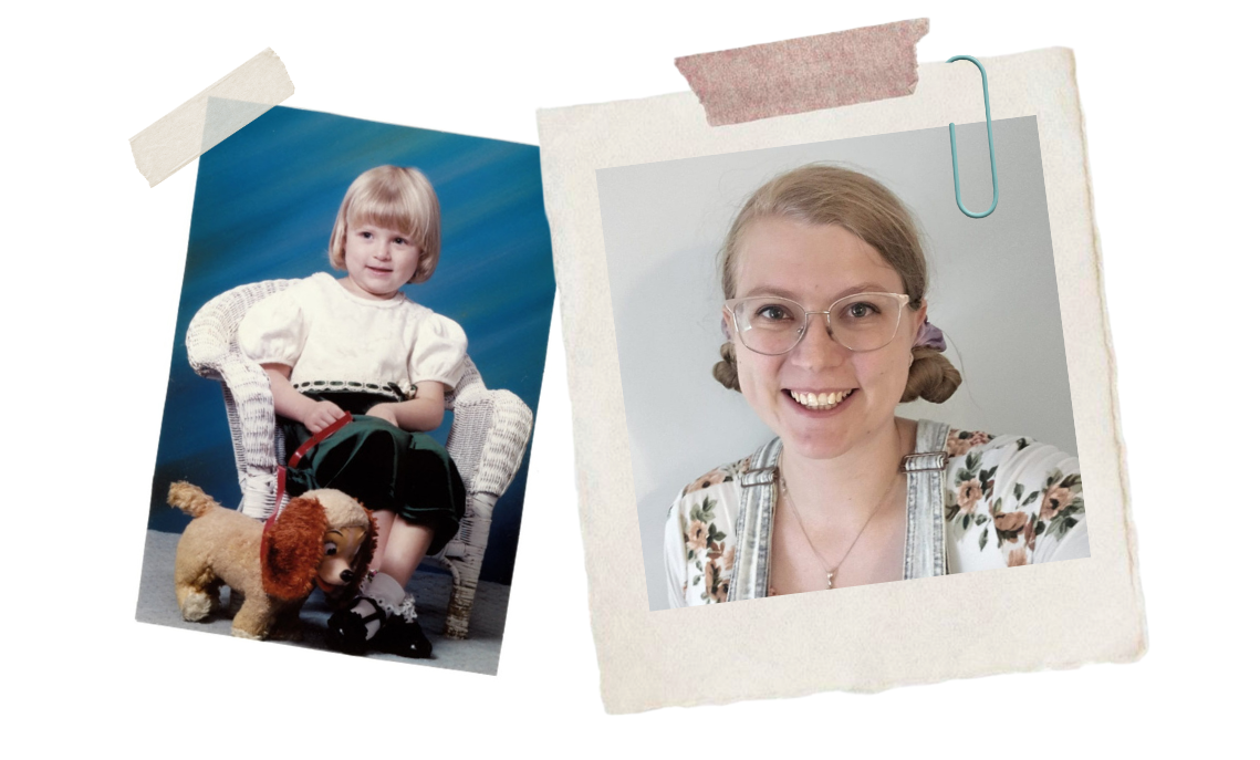 A baby photo and current photo of Gretchen.