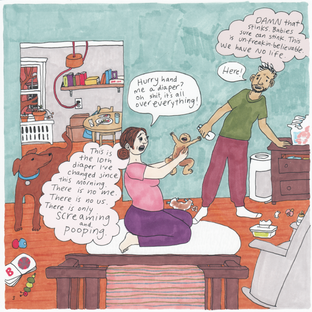 illustration of parents changing a messy diaper