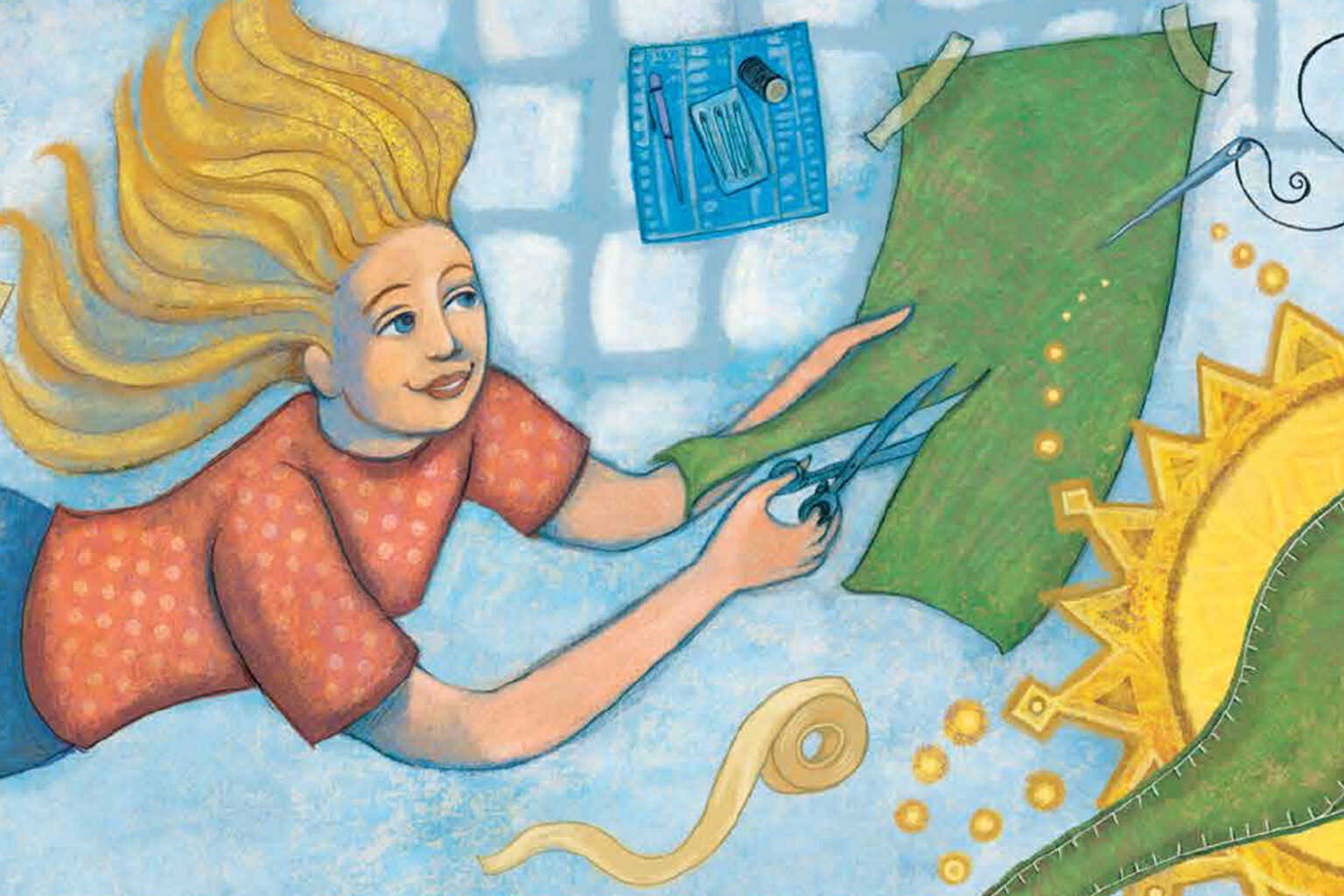 a woman quilting in zero gravity