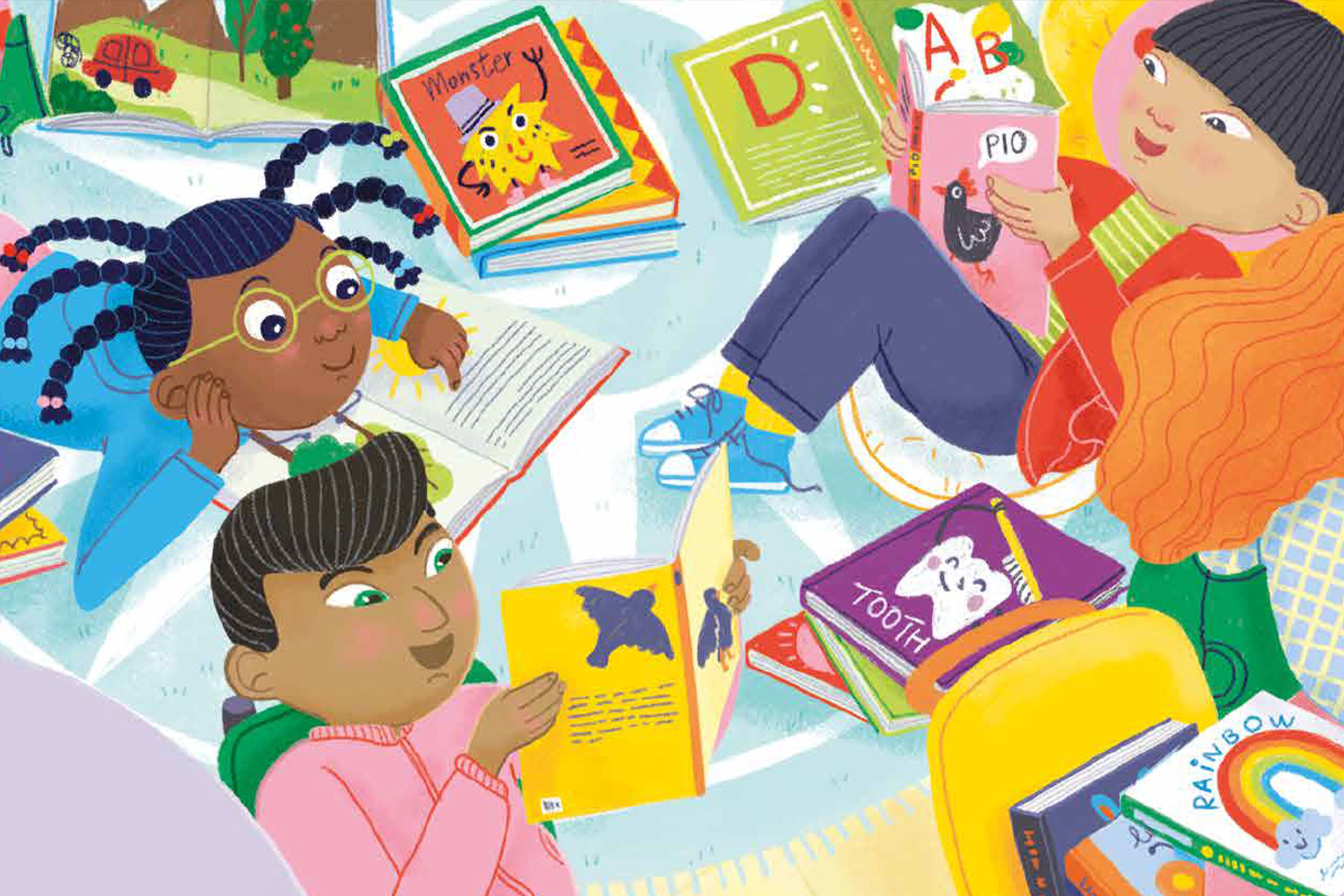 A group of kids reading books in a library