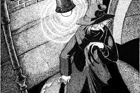 An illustration of a woman with a pointed nose under a street lamp