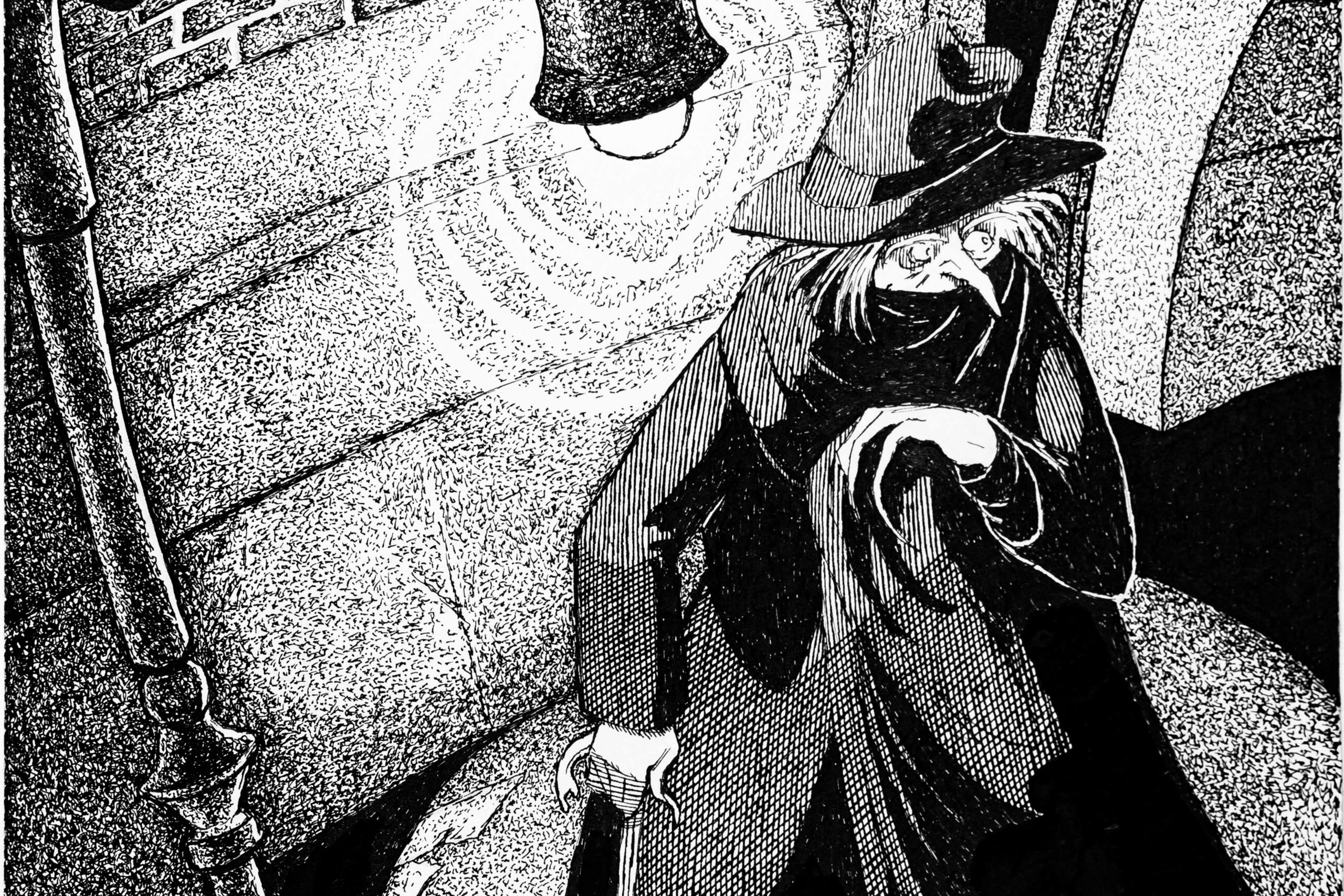 An illustration of a woman with a pointed nose under a street lamp