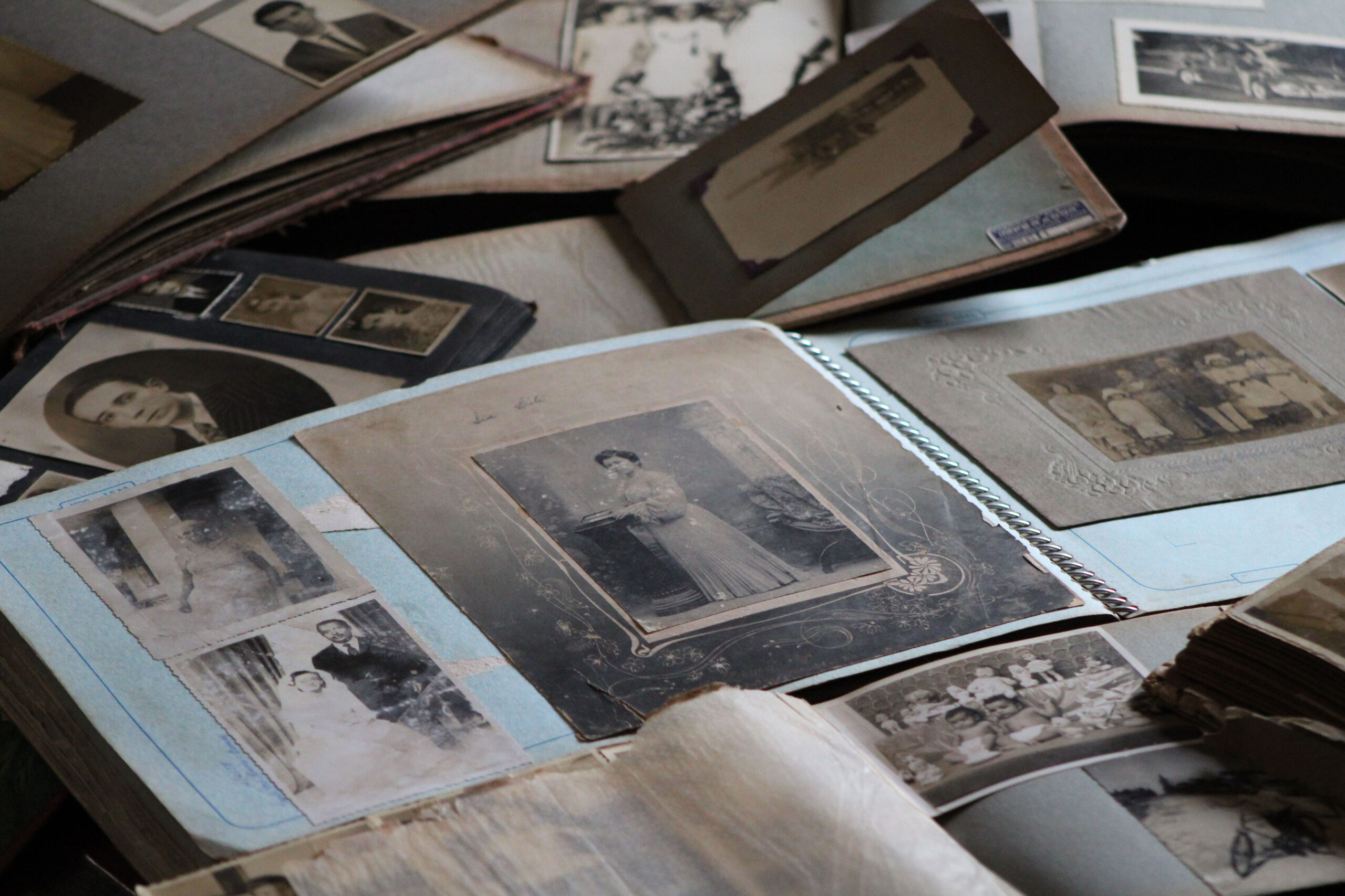 Old family photos in photo albums spread out on a table